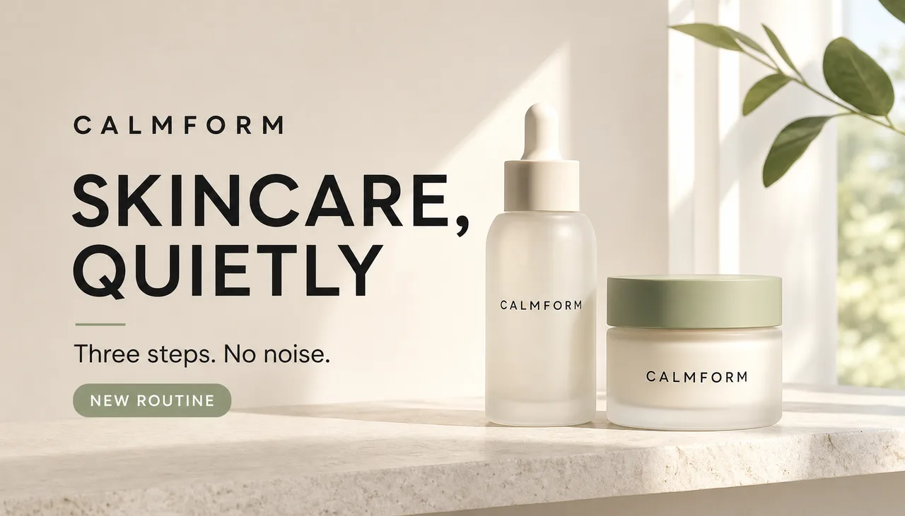 CALMFORM skincare social ad with serum bottle, cream jar, and Skincare Quietly headline generated with GPT Image 2