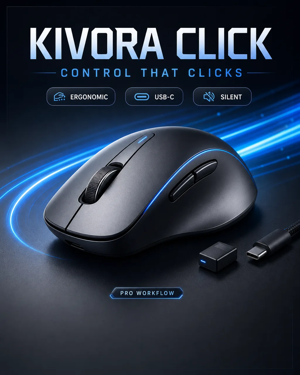 KIVORA CLICK wireless mouse product card with headline, feature chips, and accessory details generated with GPT Image 2 in ImageLayer
