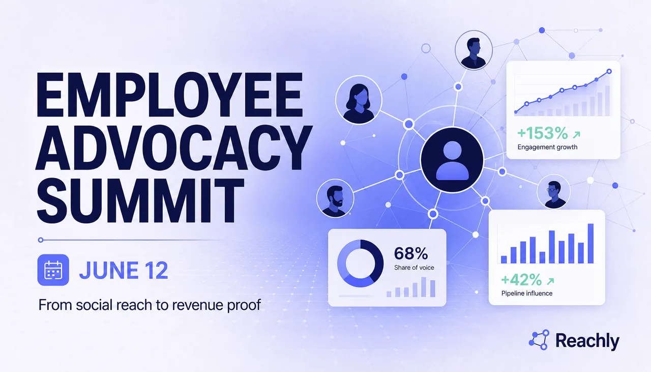 Reachly brand-guided webinar cover for Employee Advocacy Summit with date, speaker nodes, and analytics cards