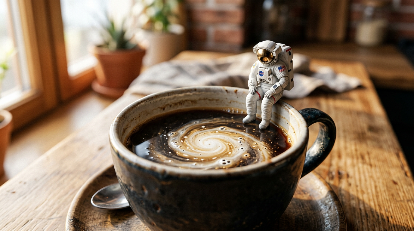Tiny astronaut on the rim of a coffee cup