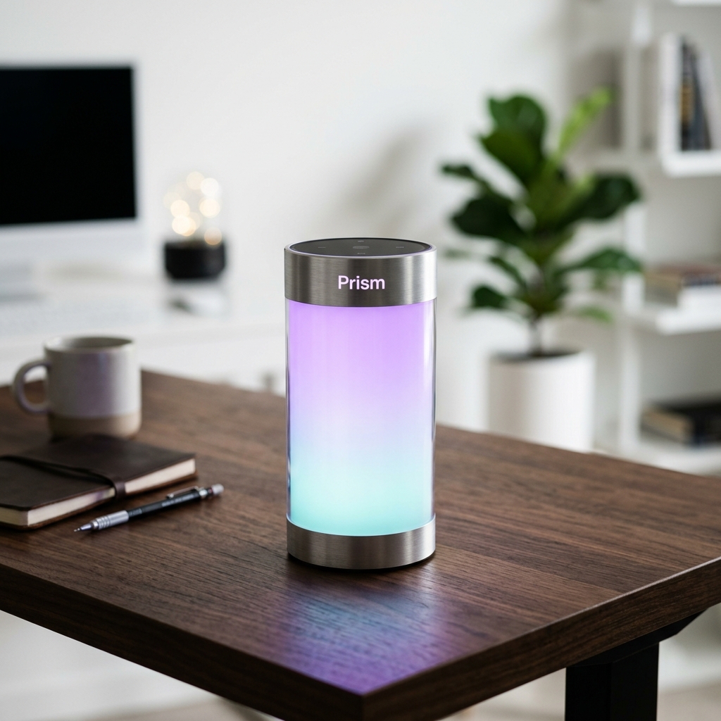 Prism smart lamp product photography — purple-teal ambient glow