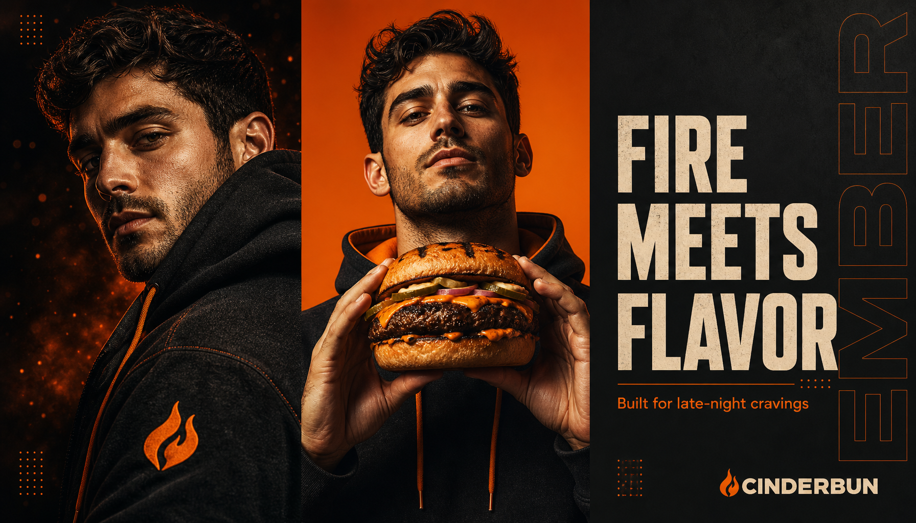 Three-panel CINDERBUN burger campaign poster with portrait, product hero, and headline typography generated with GPT Image 2 in ImageLayer