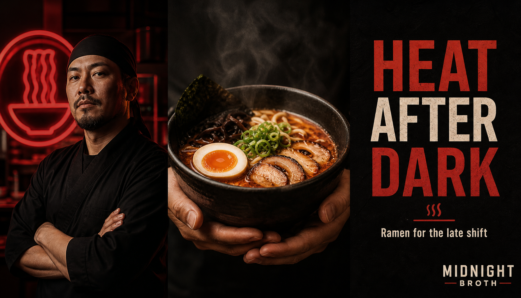 MIDNIGHT BROTH three-panel ramen advertising poster with chef portrait, ramen bowl, and Heat After Dark headline