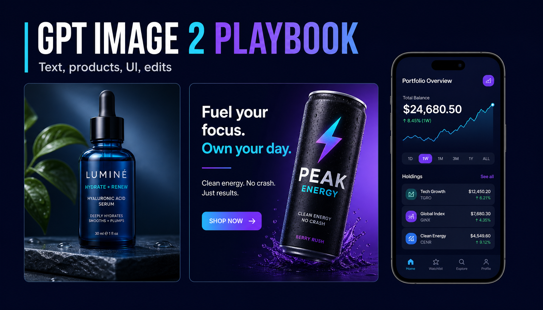 GPT Image 2 Playbook hero showing product, ad, and UI examples generated in ImageLayer