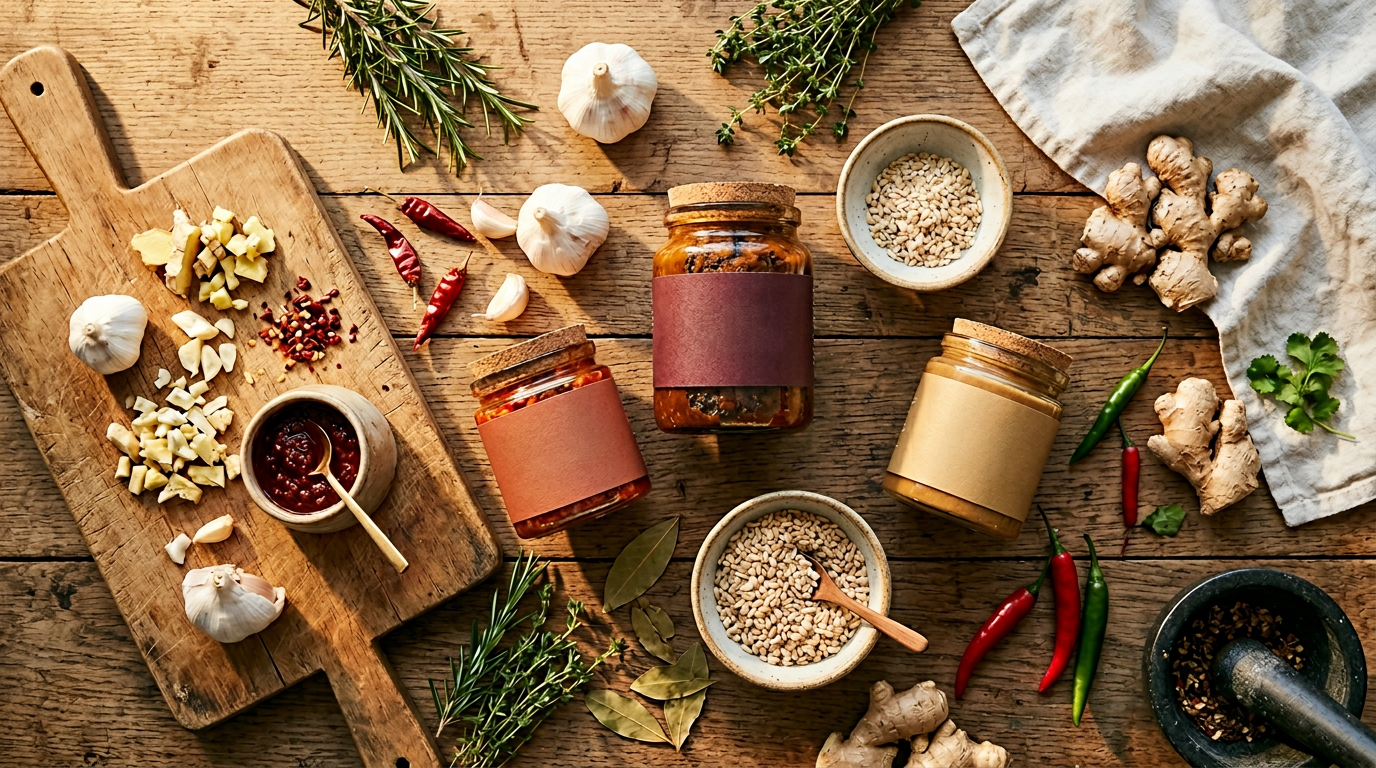 Polished artisan food scene — sauce jars, fresh ingredients, herbs, and spices on a rustic wooden table in warm terracotta and gold tones