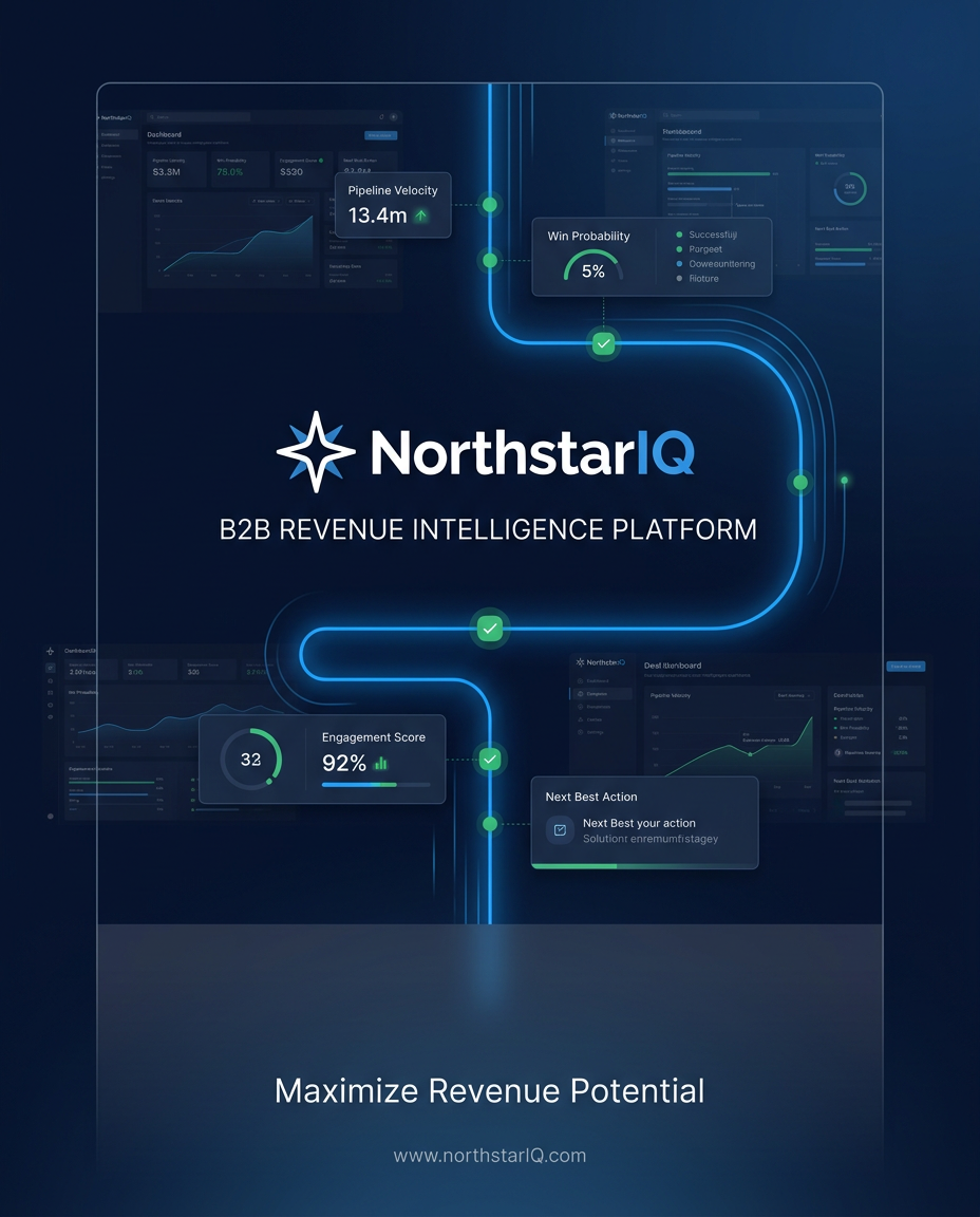 NorthstarIQ campaign hero visual with deep navy background, electric blue signal lines, and a revenue intelligence dashboard motif