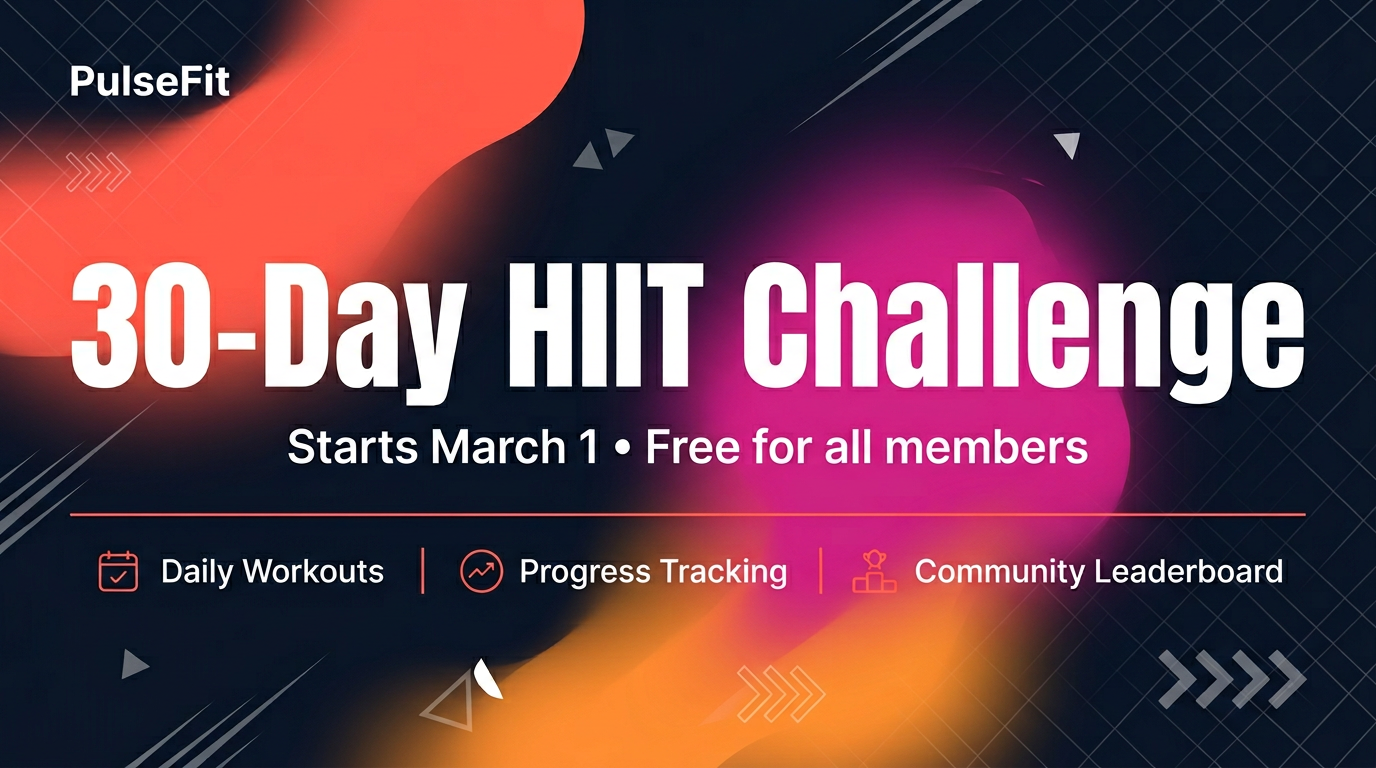 PulseFit challenge announcement — 30-Day HIIT Challenge with explosive multi-color mesh gradient